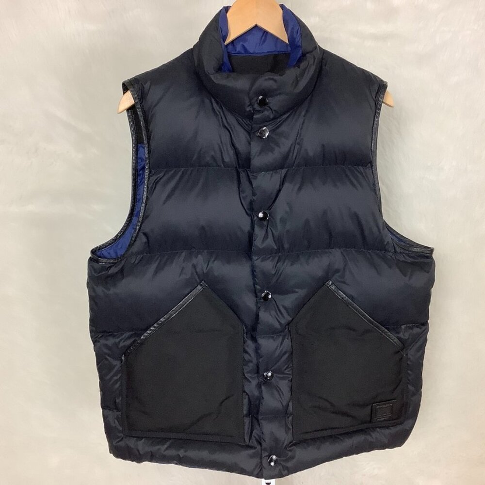 Coach Men's Black Blue Reversible Leather Trim Down Insulated Puffer Vest L